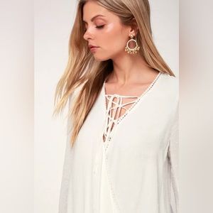 Morningside White Lace-Up Bell Sleeve Surplice Top